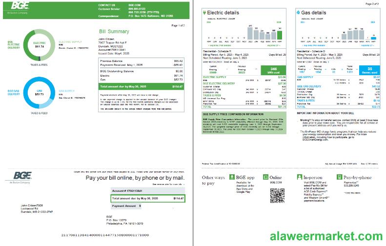 United Kingdom BGE Company utility bill template in Word and PDF formats, 2 pages